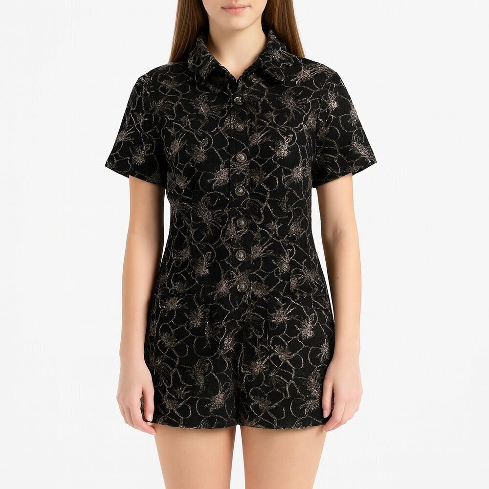 Alexis Belita Floral Jacquard Romper Black Silver Metallic Short Sleeve